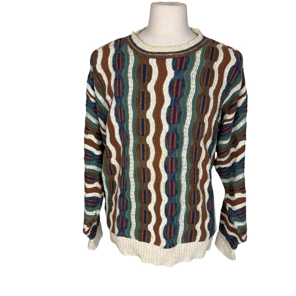 Crossings Vintage 90s 3D Textured Knit Sweater Large Brown Green Made in USA